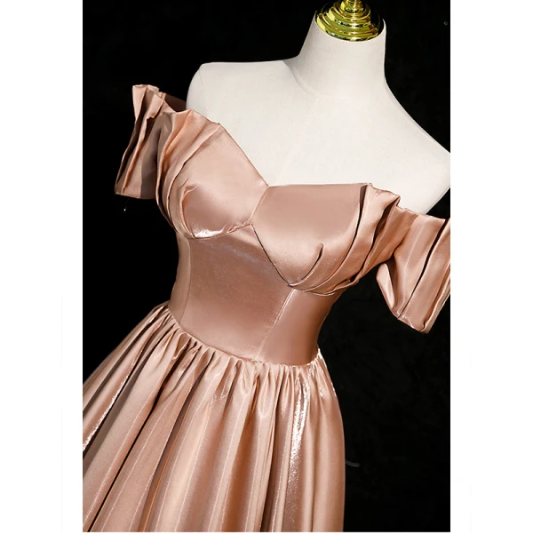 Elegant Khaki Ruffle Satin Prom Dresses 2023 A-Line / Princess Off-The-Shoulder Short Sleeve Backless Floor-Length / Long Prom Formal Dresses