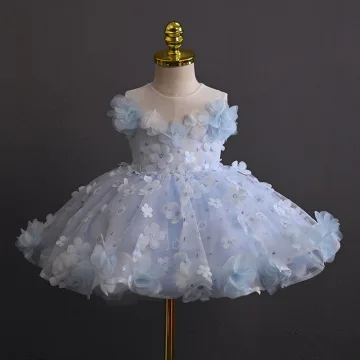 Chic Belle Bleu Ciel Perle Appliques Courte Anniversaire Robe Ceremonie Fille 2025 Robe Boule Encolure Dégagée Sans Manches Dos Nu