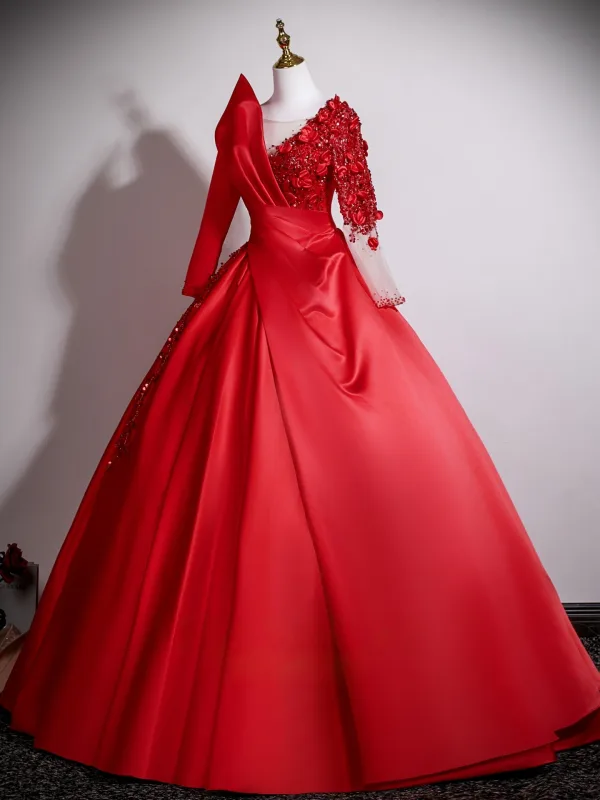 Elegant Red Appliques Beading Sequins Prom Dresses 2025 Ball Gown Scoop Neck Long Sleeve Backless Floor-Length / Long Formal Dresses