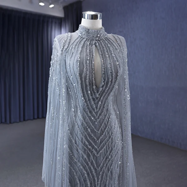 High-end Grey Handmade  Beading Sequins Evening Dresses 2023 Trumpet / Mermaid High Neck Long Sleeve Floor-Length / Long Evening Party Formal Dresses