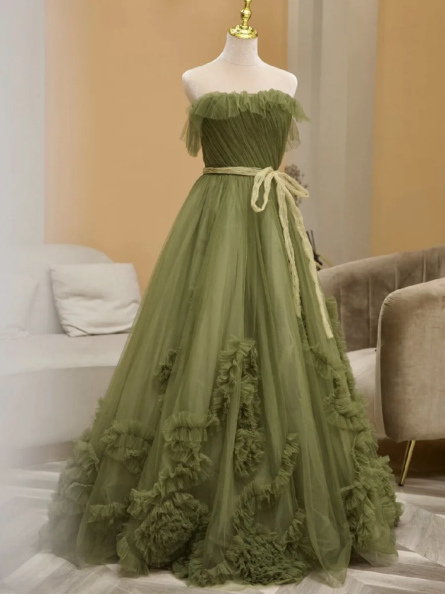 Chic Beautiful Sage Green Bow Sash Prom Dresses 2025 A Line Princess  Strapless Sleeveless Backless Sweep Train Formal Dresses