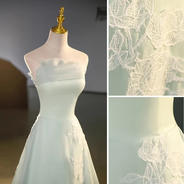 Sexy Sage Green Lace Flower Evening Dresses 2023 A-Line / Princess Organza Strapless Sleeveless Backless Floor-Length / Long Evening Party Formal Dresses