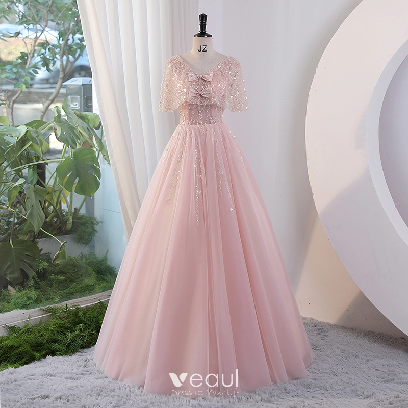 Lovely Blushing Pink Beading Bow Sequins Prom Dresses 2023 Ball Gown V-Neck  Short Sleeve Backless Floor-Length / Long Prom Formal Dresses