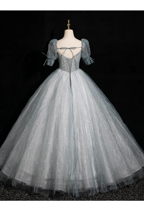 Bling Bling Sky Blue Sequins Appliques Prom Dresses 2024 Ball Gown Square Neckline Short Sleeve Backless Floor-Length / Long Prom Formal Dresses