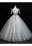 Bling Bling Sky Blue Sequins Appliques Prom Dresses 2024 Ball Gown Square Neckline Short Sleeve Backless Floor-Length / Long Prom Formal Dresses