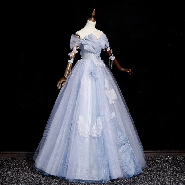 Elegant Sky Blue Butterfly Appliques Pearl Sequins Prom Dresses 2023 A-Line / Princess Off-The-Shoulder Sleeveless Backless Floor-Length / Long Prom Formal Dresses