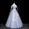 Elegant Sky Blue Butterfly Appliques Pearl Sequins Prom Dresses 2023 A-Line / Princess Off-The-Shoulder Sleeveless Backless Floor-Length / Long Prom Formal Dresses