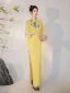 Chinese style Yellow Lace Flower Split Front Cheongsam 2025 Trumpet / Mermaid High Neck Short Sleeve Floor-Length / Long Evening Party Cheongsam / Qipao