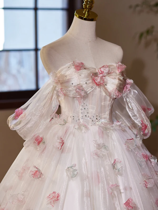 Flower Fairy White Beading Appliques Rhinestone Light Wedding Dresses Prom Dresses 2024 Ball Gown Off-The-Shoulder Short Sleeve Backless Floor-Length / Long Wedding