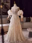 Charming Bling Bling Champagne Beading Rhinestone Appliques Prom Dresses 2025 A-Line / Princess Strapless Short Sleeve Backless Floor-Length / Long Formal Dresses