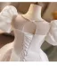 Chic / Beautiful White Satin Wedding Flower Girl Dresses 2026 Ball Gown Scoop Neck Puffy Short Sleeve Backless Floor-Length / Long