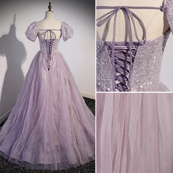 Chic / Beautiful Lavender Beading Sequins Prom Dresses 2022 A-Line / Princess Strapless Short Sleeve Backless Bow Pearl Floor-Length / Long Prom Formal Dresses