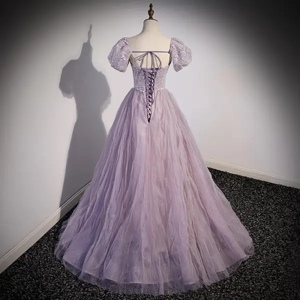 Chic / Beautiful Lavender Beading Sequins Prom Dresses 2022 A-Line / Princess Strapless Short Sleeve Backless Bow Pearl Floor-Length / Long Prom Formal Dresses