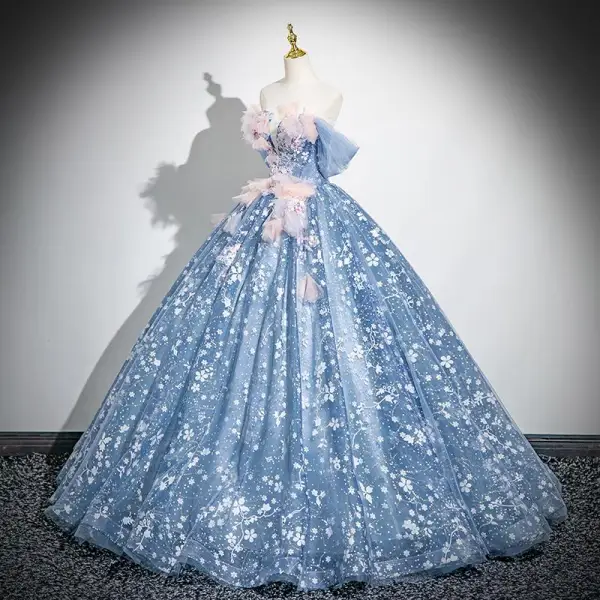 Flower Fairy Sky Blue Appliques Sequins Prom Dresses 2024 Ball Gown Off-The-Shoulder Short Sleeve Backless Floor-Length / Long Prom Formal Dresses