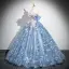 Flower Fairy Sky Blue Appliques Sequins Prom Dresses 2024 Ball Gown Off-The-Shoulder Short Sleeve Backless Floor-Length / Long Prom Formal Dresses