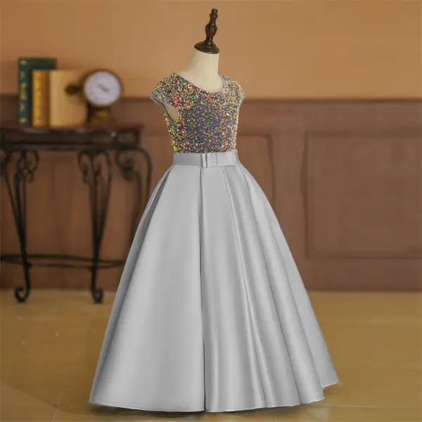 Vintage / Retro Navy Blue Sequins Birthday Flower Girl Dresses 2024 A-Line / Princess V-Neck Sleeveless Bow Sash Floor-Length / Long