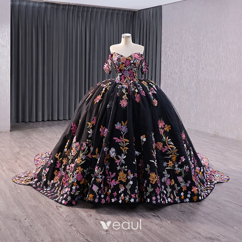 High End Vintage Retro Black Handmade Sequins Lace Flower Prom Dresses 2024  Ball Gown Off The Shoulder Short Sleeve Backless Royal Train Prom