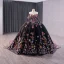 High-end Vintage / Retro Black Handmade  Sequins Lace Flower Prom Dresses 2024 Ball Gown Off-The-Shoulder Short Sleeve Backless Royal Train Prom