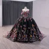 High-end Vintage / Retro Black Handmade  Sequins Lace Flower Prom Dresses 2024 Ball Gown Off-The-Shoulder Short Sleeve Backless Royal Train Prom