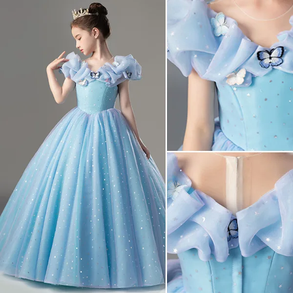 Cinderella Charming Pool Blue Star Sequins Flower Girl Dresses 2022 Ball Gown Scoop Neck Lace Butterfly Short Sleeve Floor-Length / Long Flower Girl Dresses