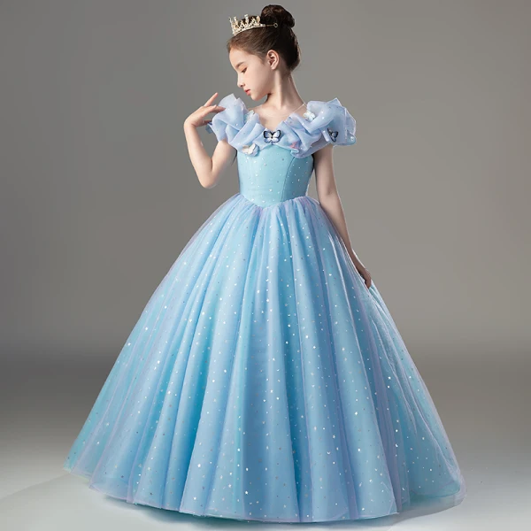 Cinderella Charming Pool Blue Star Sequins Flower Girl Dresses 2022 Ball Gown Scoop Neck Lace Butterfly Short Sleeve Floor-Length / Long Flower Girl Dresses