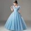 Cinderella Charming Pool Blue Star Sequins Flower Girl Dresses 2022 Ball Gown Scoop Neck Lace Butterfly Short Sleeve Floor-Length / Long Flower Girl Dresses