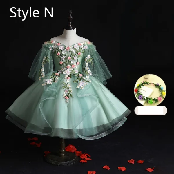 Flower Fairy Sage Green Appliques Lace Flower Birthday Flower Girl Dresses 2024 Ball Gown V-Neck Bell sleeves Court Train Flower Girl Dresses