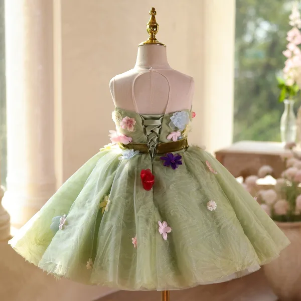 Flower Fairy Sage Green Appliques Short Birthday Flower Girl Dresses 2025 Ball Gown Scoop Neck Sleeveless Backless Bow Sash Tulle