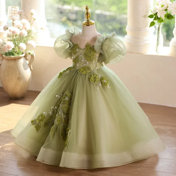 Chic / Beautiful Sage Green Beading Birthday Flower Girl Dresses 2025 Ball Gown Scoop Neck Puffy Short Sleeve Backless Floor-Length / Long