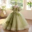 Chic / Beautiful Sage Green Beading Birthday Flower Girl Dresses 2025 Ball Gown Scoop Neck Puffy Short Sleeve Backless Floor-Length / Long