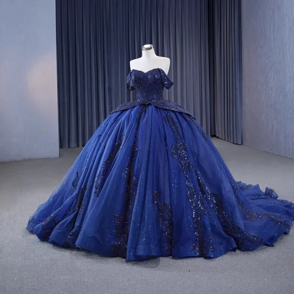 Vintage / Originale Haut de Gamme Bleu Marine Perlage Fait main Perle Paillettes Robe De Bal 2023 Robe Boule Col Haut Sans Manches Dos Nu Chapel Train Promo Robe De Ceremonie
