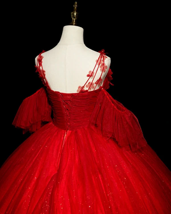 Elegant Red Beading Lace Flower Appliques Prom Dresses 2023 Ball Gown Spaghetti Straps Rhinestone Short Sleeve Backless Floor-Length / Long Prom Formal Dresses