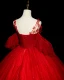 Elegant Red Beading Lace Flower Appliques Prom Dresses 2023 Ball Gown Spaghetti Straps Rhinestone Short Sleeve Backless Floor-Length / Long Prom Formal Dresses
