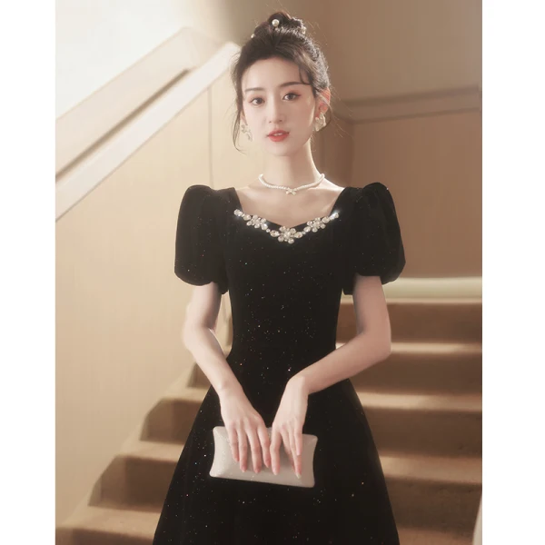Audrey Hepburn Style Black Rhinestone Prom Dresses 2023 A-Line / Princess Square Neckline Short Sleeve Prom Polyester Floor-Length / Long Formal Dresses Zipper Up