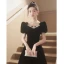 Audrey Hepburn Style Black Rhinestone Prom Dresses 2023 A-Line / Princess Square Neckline Short Sleeve Prom Polyester Floor-Length / Long Formal Dresses Zipper Up