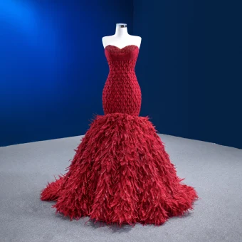 Haut De Gamme Sexy Rouge Perlage Faux Diamant Paillettes Plumes Robe De Soirée 2022 Trompette Sirène Bustier Sans Manches Dos Nu Tribunal Train Soirée