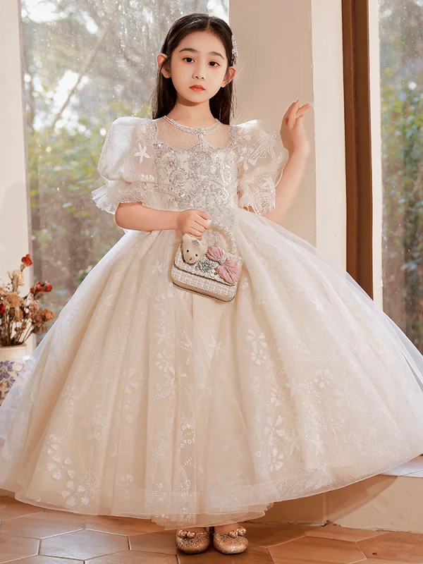 Charming Champagne Beading Sequins Birthday Flower Girl Dresses 2022 Ball Gown Scoop Neck Short Sleeve Backless Bow Floor-Length / Long Flower Girl Dresses