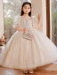 Charming Champagne Beading Sequins Birthday Flower Girl Dresses 2022 Ball Gown Scoop Neck Short Sleeve Backless Bow Floor-Length / Long Flower Girl Dresses