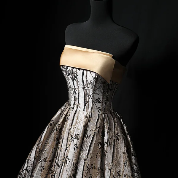 Charming Champagne Gold Printing Prom Dresses 2024 A-Line / Princess Strapless Sleeveless Backless Floor-Length / Long Prom Formal Dresses