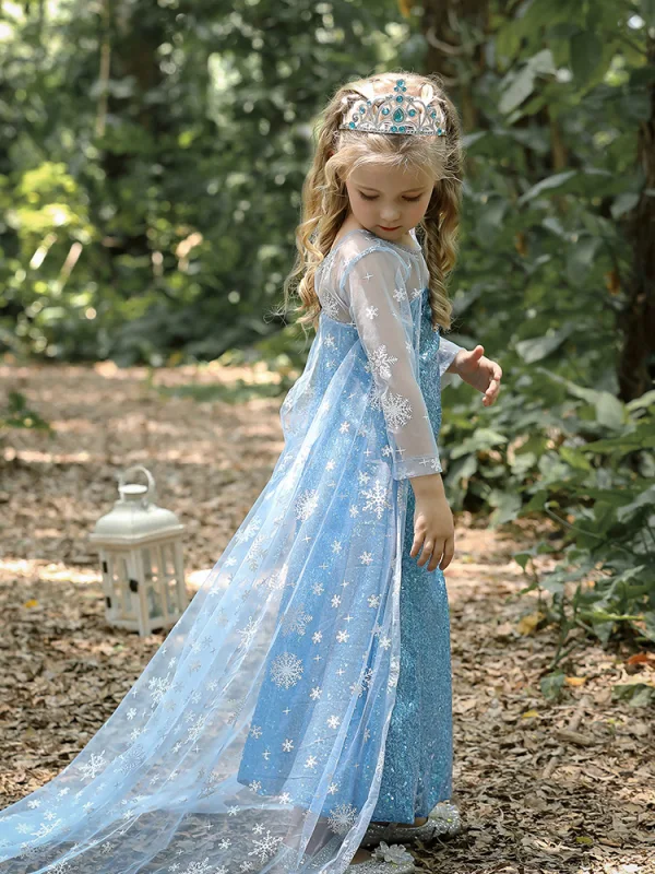 Sparkly Sky Blue Sequins Rhinestone Birthday Flower Girl Dresses With Cloak 2023 Trumpet / Mermaid Scoop Neck Long Sleeve Backless Floor-Length / Long Flower Girl Dresses