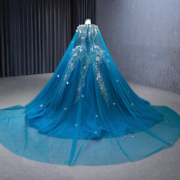 High-end Vintage / Retro Ocean Blue Handmade  Pearl Appliques Sequins Prom Dresses 2023 Ball Gown Halter Sleeveless Backless Floor-Length / Long Prom