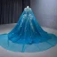 High-end Vintage / Retro Ocean Blue Handmade  Pearl Appliques Sequins Prom Dresses 2023 Ball Gown Halter Sleeveless Backless Floor-Length / Long Prom
