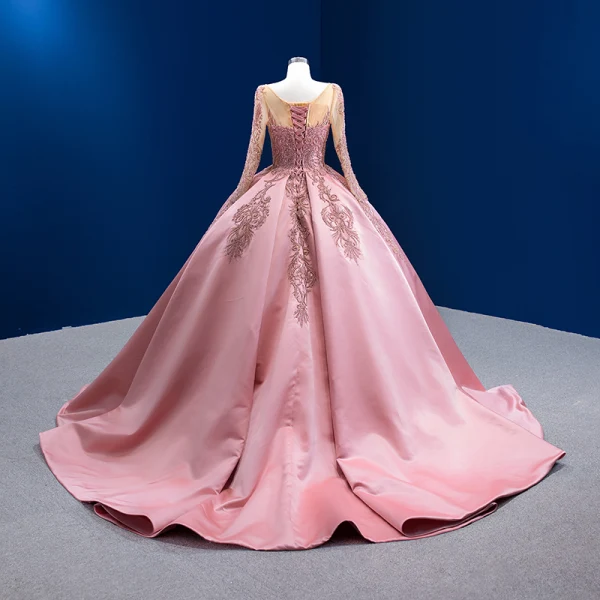 High-end Vintage / Retro Candy Pink Beading Pearl Sequins Prom Dresses 2022 Satin Ball Gown Scoop Neck Long Sleeve Backless Court Train Prom Formal Dresses