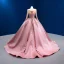 High-end Vintage / Retro Candy Pink Beading Pearl Sequins Prom Dresses 2022 Satin Ball Gown Scoop Neck Long Sleeve Backless Court Train Prom Formal Dresses