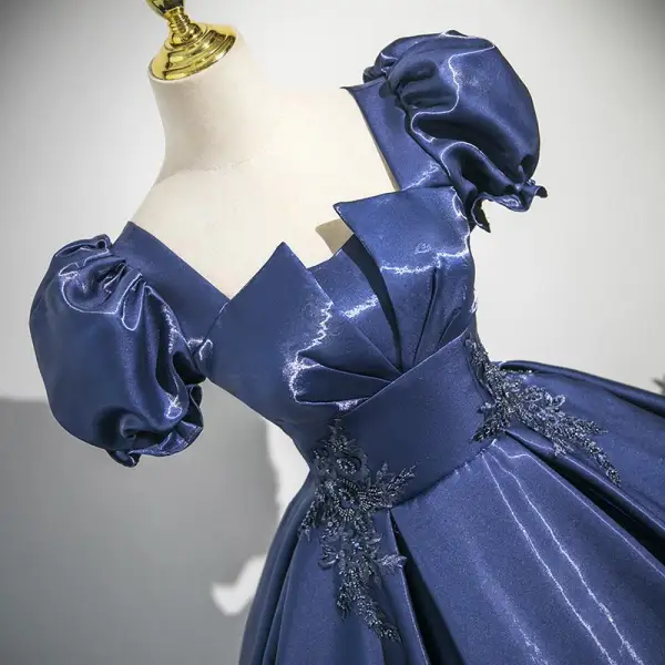 Vintage / Retro Navy Blue Beading Appliques Prom Dresses 2025 Ball Gown Square Neckline Puffy Short Sleeve Backless Floor-Length / Long Prom Formal Dresses