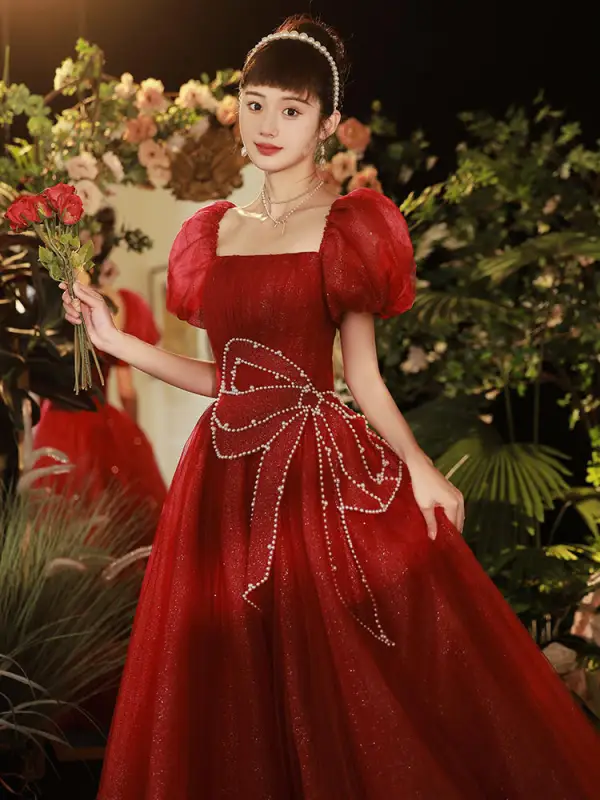 Chic / Beautiful Burgundy Pearl Sequins Prom Dresses 2022 A-Line / Princess Square Neckline Puffy Short Sleeve Floor-Length / Long Prom Formal Dresses