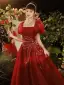 Chic / Beautiful Burgundy Pearl Sequins Prom Dresses 2022 A-Line / Princess Square Neckline Puffy Short Sleeve Floor-Length / Long Prom Formal Dresses