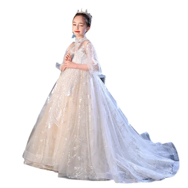 Charming Ivory Prom Flower Girl Dresses 2022 Ball Gown High Neck 1/2 Sleeves Beading Pearl Sequins Floor-Length / Long Flower Girl Dresses