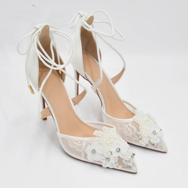 Elegant White Beading Pearl Rhinestone Lace Flower Wedding Shoes 2024 X-Strap 10 cm Stiletto Heels Pointed Toe Wedding Sandals High Heels