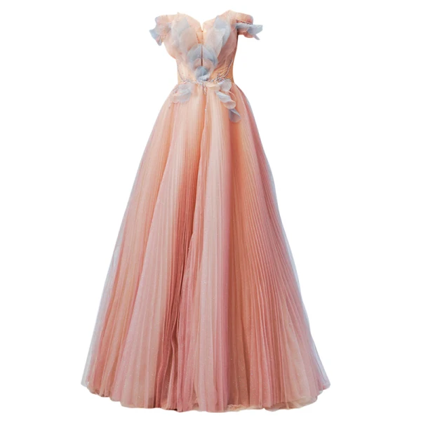 Elegant Blushing Pink Pearl Sequins Pleated Prom Dresses 2022 A-Line / Princess Off-The-Shoulder Short Sleeve Backless Floor-Length / Long Formal Dresses